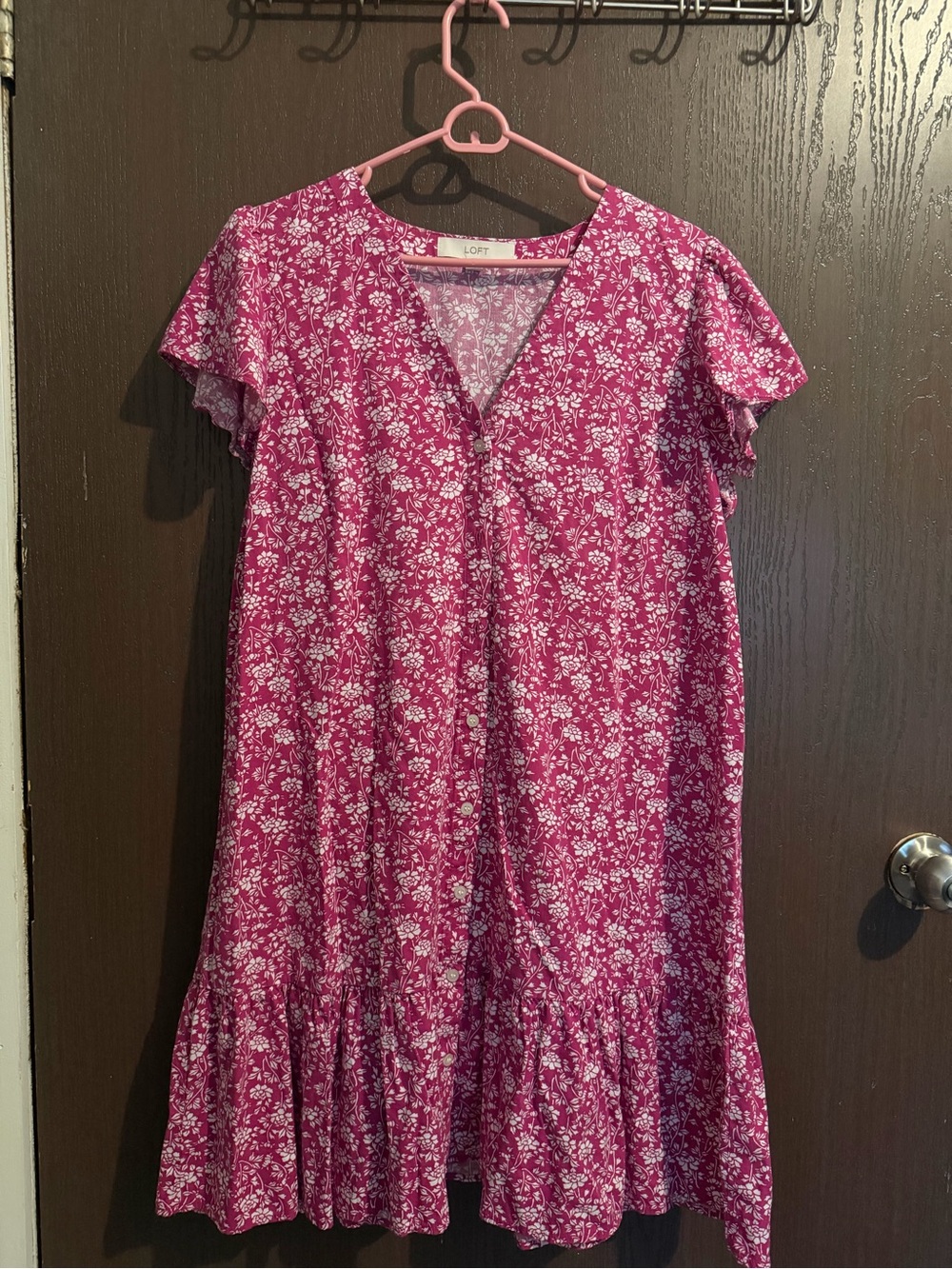 LOFT Pink & White Floral Button Down Shirt Dress  Size L